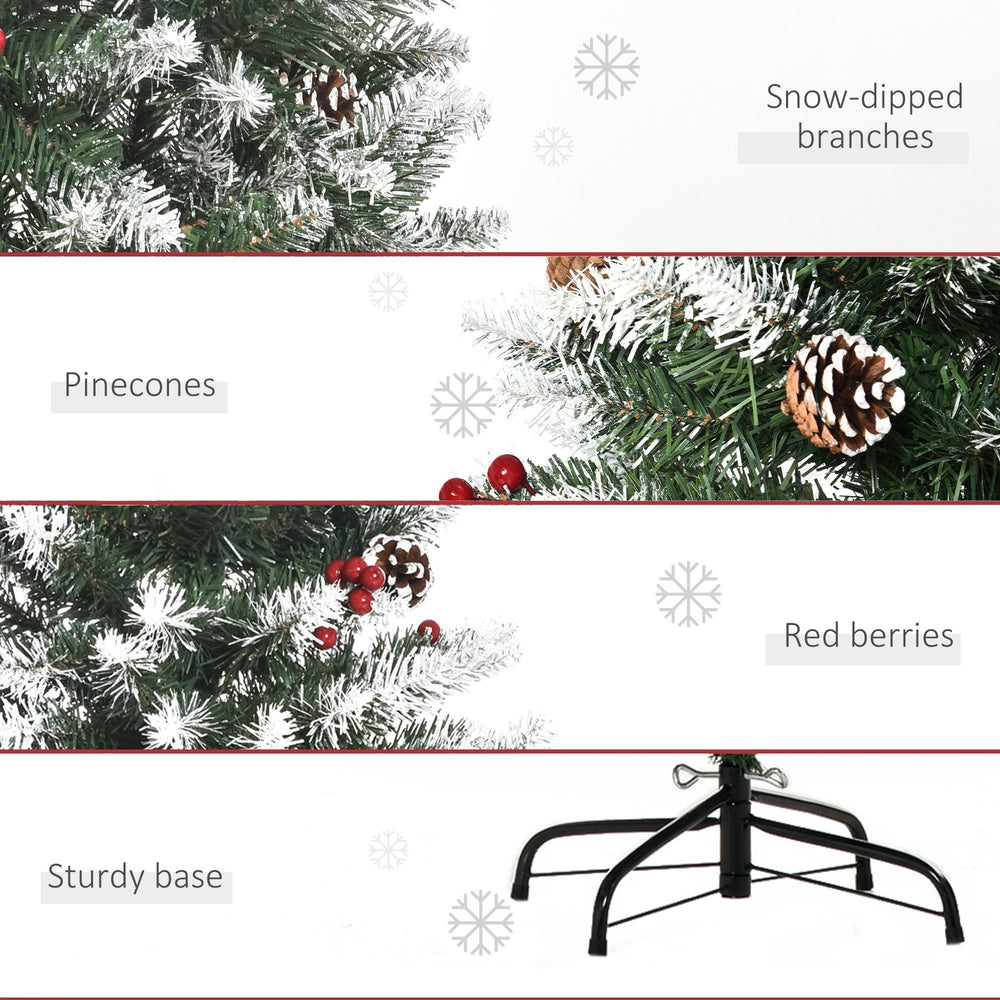 5ft Decorated Christmas Tree With Red Berries And Pine Cones, Flocked Christmas Tree With Pencil Shape, Green EX-STOCK Canada 