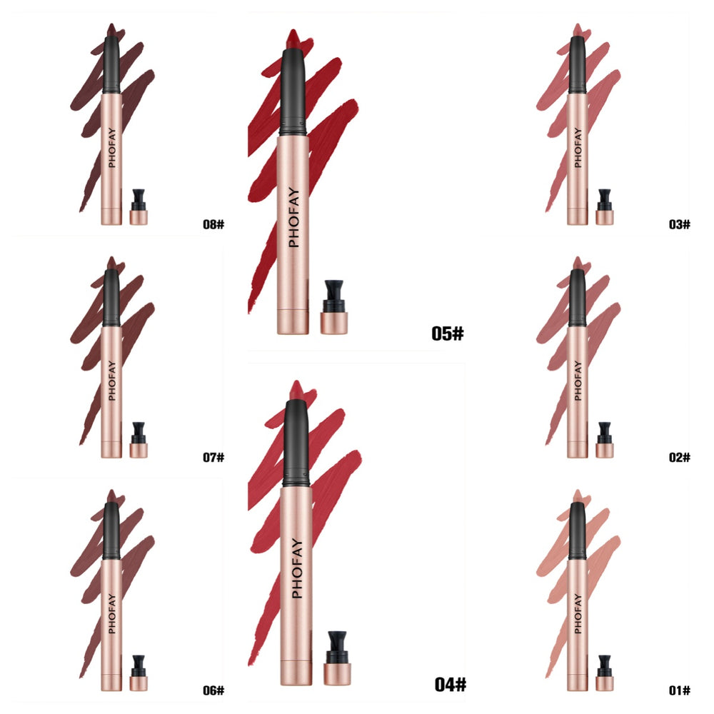 Set of cosmetic pencils with color swatches on a white background, branded 'PHOFAY'.