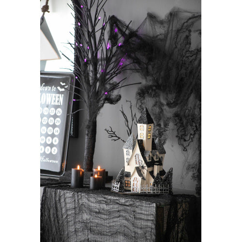 10x8.3x13.5 Cardboard Lighted Haunted House, Black Beige Tabletop Holiday Halloween Decor, Battery Powered EX-STOCK