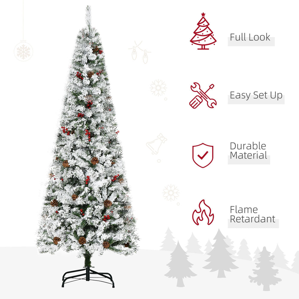 6 Foot Pencil Snow Flocked Artificial Christmas Tree With 600 Pine Realistic Branches, Pine Cones, Red Berries, Auto Open, Green EX-STOCK Canada 