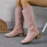 Women's Retro Pointed Toe Chunky Heel Solid Color Side Zipper Mid-calf Cowboy Boot - EX-STOCK CANADA