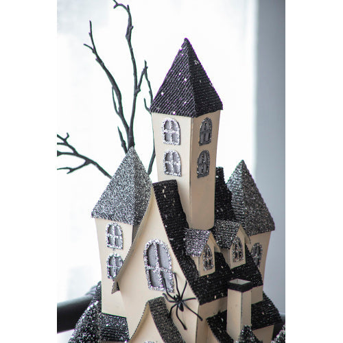 10x8.3x13.5 Cardboard Lighted Haunted House, Black Beige Tabletop Holiday Halloween Decor, Battery Powered EX-STOCK