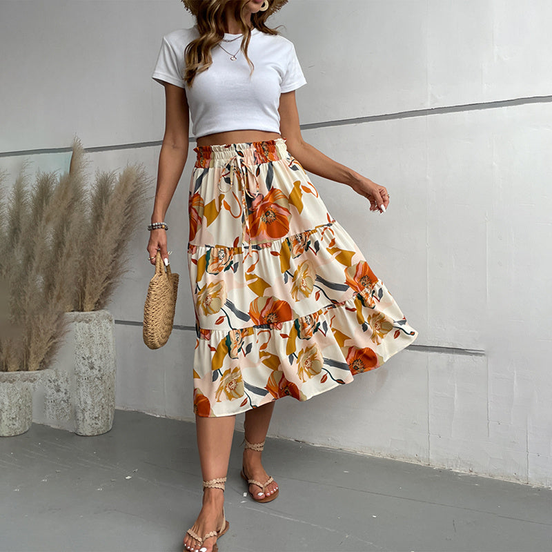 Women's Floral Tiered Midi Skirt Elastic Waist Dressy Casual A-line Flowy Boho Skirts EX-STOCK