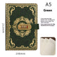 Green notebook with gold accents and a combination lock, showing dimensions and inner pages.