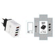 White USB charger with multiple ports and packaging on a white background