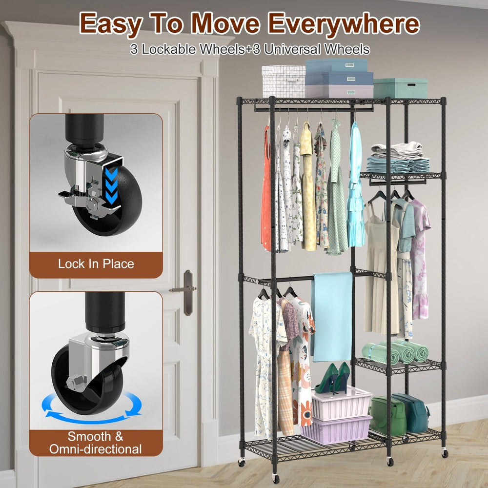 1Pc 4 Tier Heavy Duty Garment Rack With Wheels Carbon Steel Clothing Rack Portable Wardrobe Clothes Rack With 3 Hanging Rods 6 Footrests 44.9x17.13x77.95in EX-STOCK