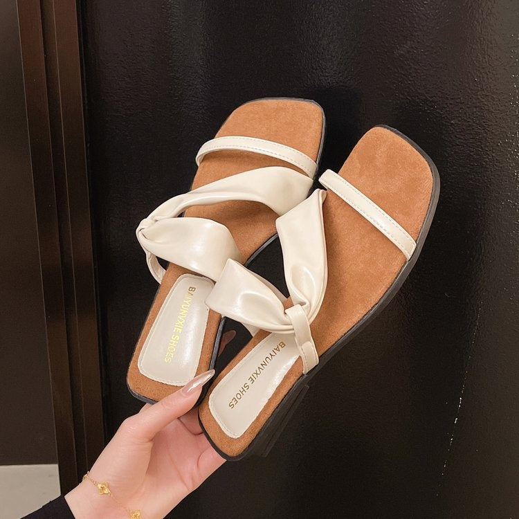 2025 Summer New French Style Low Heel Slippers For Women, Fairy Style Outdoor Fashion Slides, Elegant Match-Dress Sandals In Black, Silver, Beige 