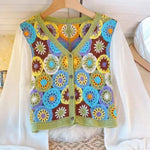 Summer Vacation Style Crocheted Hollow Design Knitted Chiffon Patchwork Long Sleeve Retro Slimming V-neck blouse top For Women - EX-STOCK CANADA