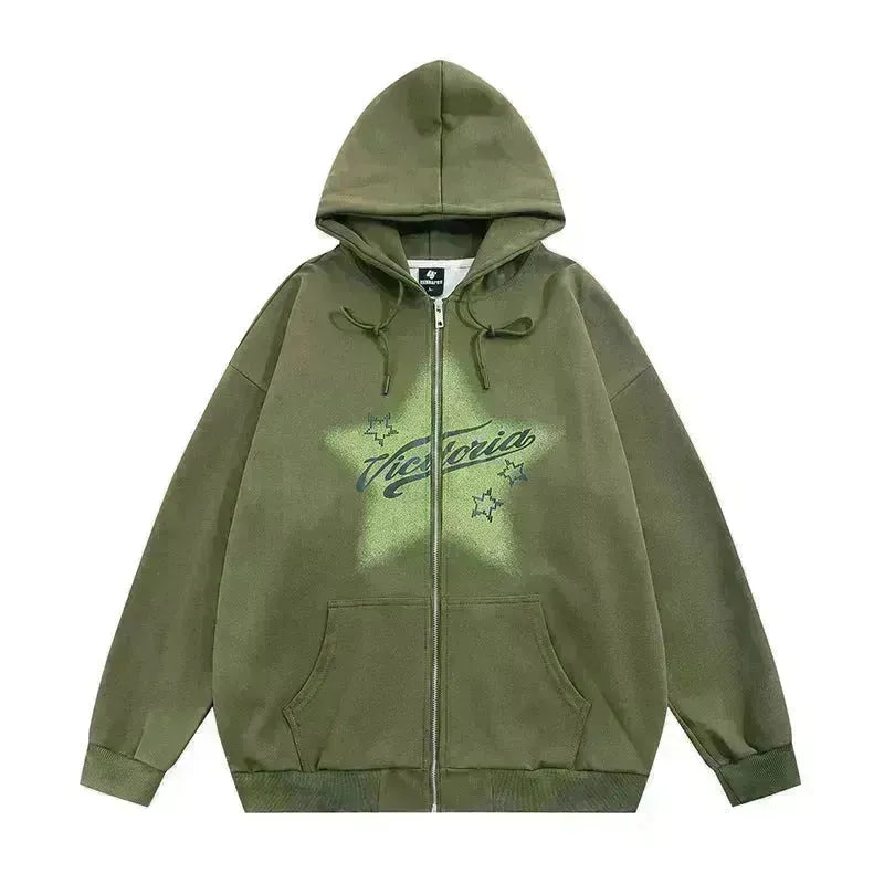 American street Star Printed Hoodie Cardigan unisex for fall winter