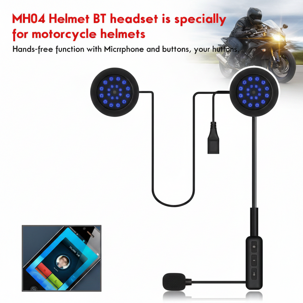 Black motorcycle helmet BT headset with circular LED light units, a connecting cable, inline controller, and microphone, shown on a white background with marketing text and small inset photos.