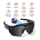 Black sunglasses with a camera lens, featuring various features on a white background.
