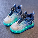 Pair of LED-lit sneakers with blue and white design on a textured surface