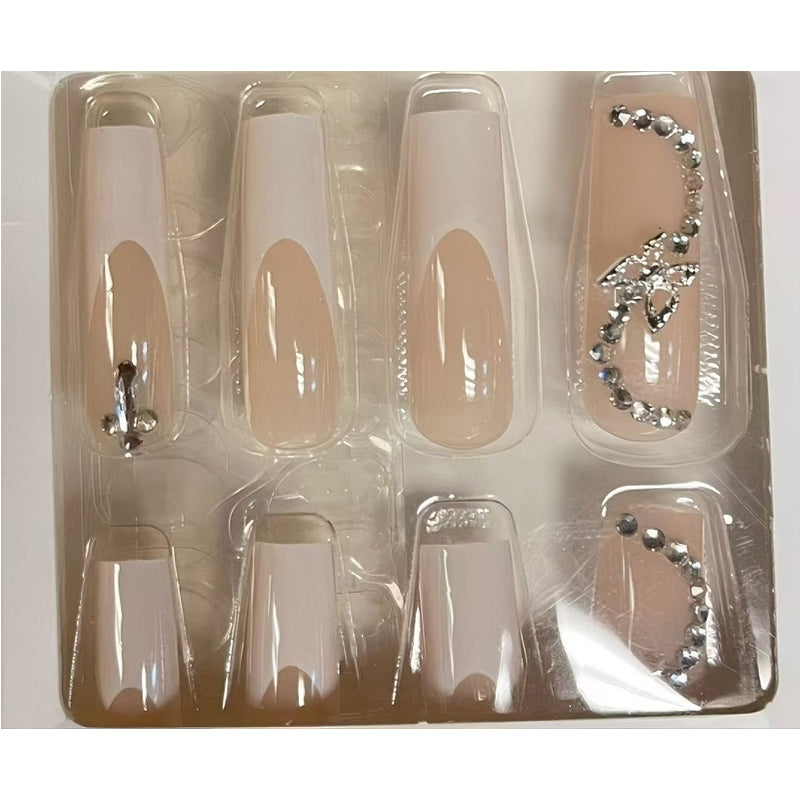 24 piezas de uñas falsas con arte de mariposa de diamante y flor blanca, uñas largas estilo pipa de agua, puntas de uñas cuadradas, uñas postizasEX-STOCK Canada 