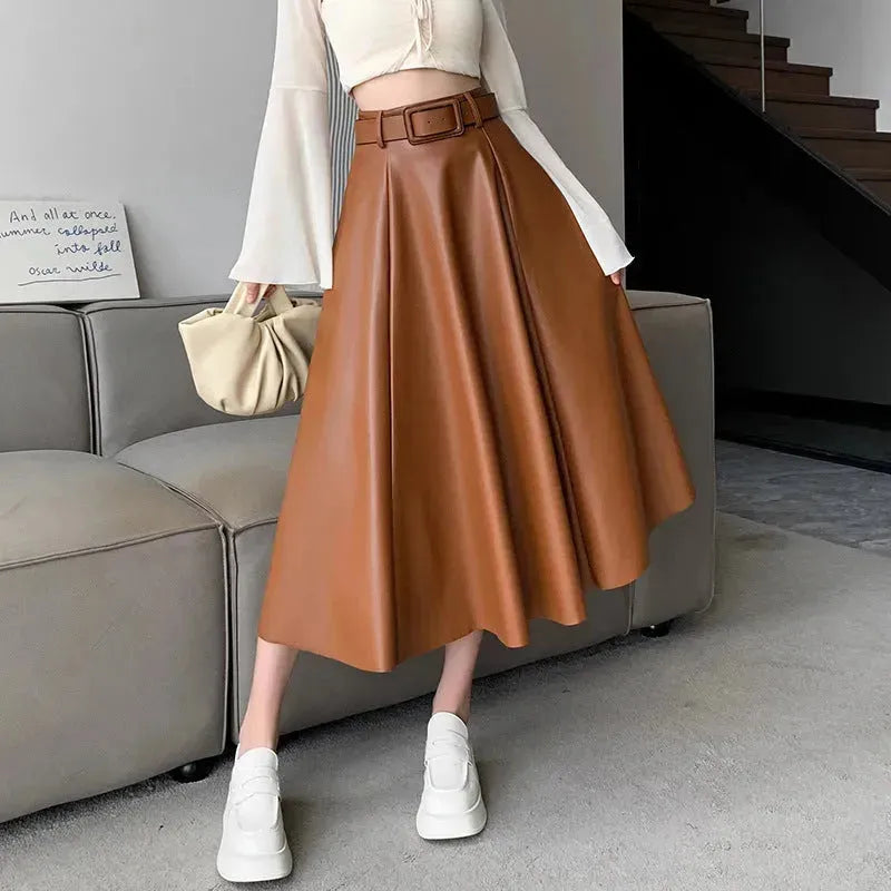 Elegant women High waist Flared Midi PU Leather skirt - EX-STOCK CANADA