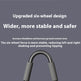 A close-up of a metallic six-wheel lock with gray handles on a dark gray background, with white text explaining its upgraded six-wheel design and increased stability.