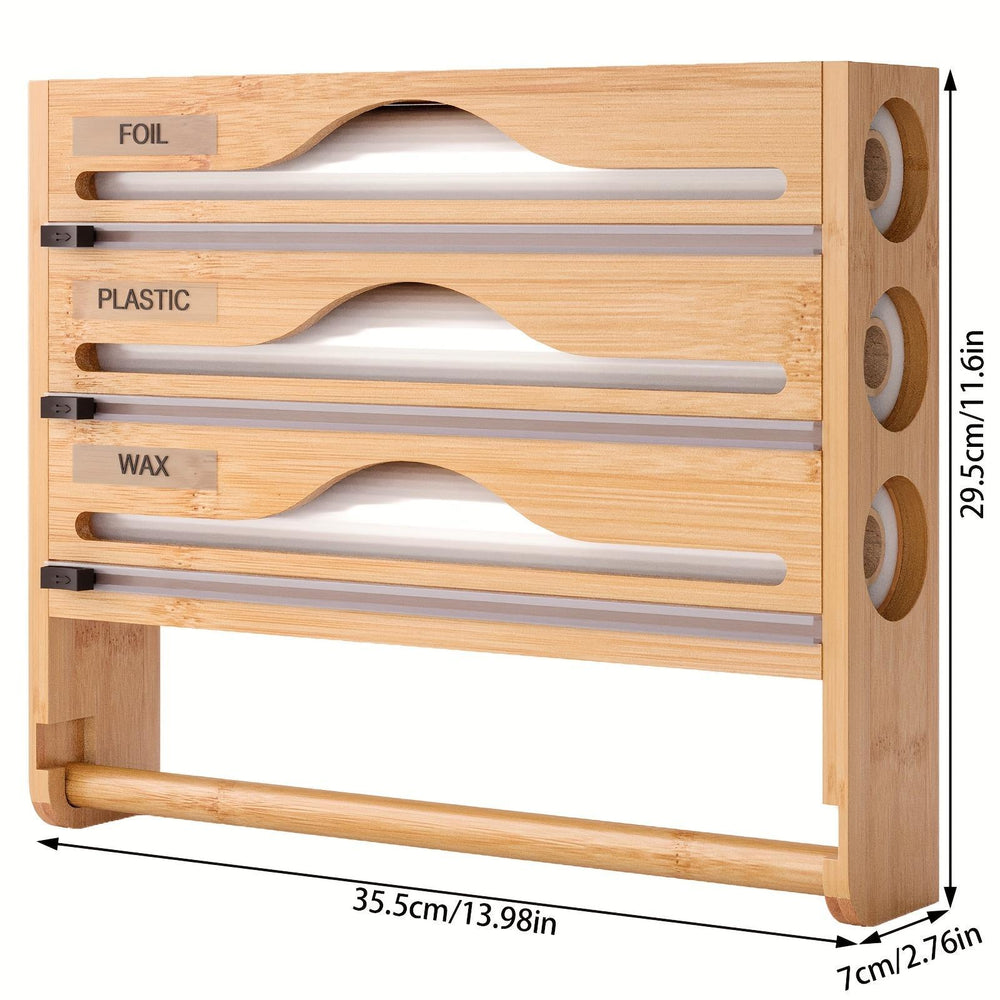 Bamboo Plastic Wrap Cutter With Paper Towel Holder Kitchen Wall-mounted Tinfoil Cutter With Three-grid Cutter And Paper Towel Storage Rack EX-STOCK
