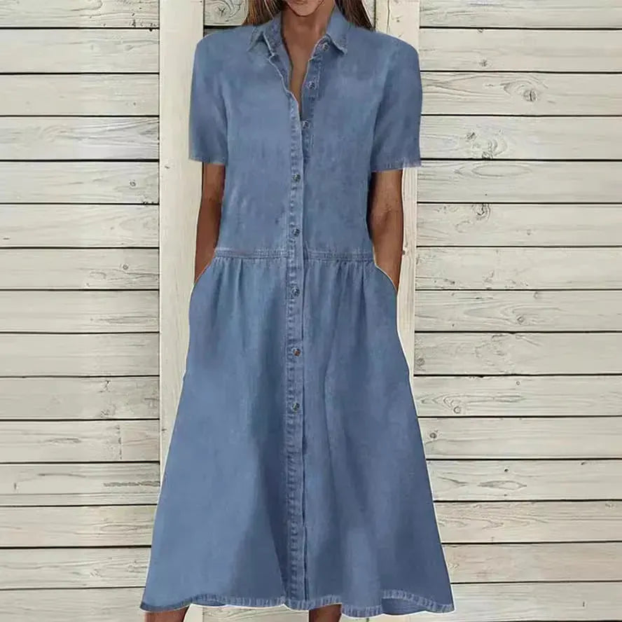 Women's European And American Lapel Casual loose button down Midi Denim jeans Mum Dress - EX-STOCK CANADA