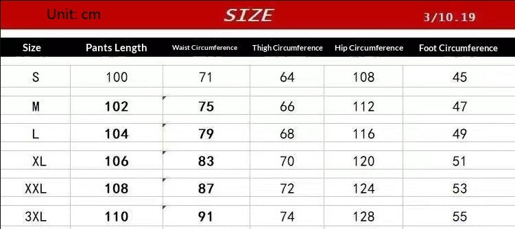 Size chart for pants with measurements in centimeters