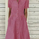 Women's European And American Lapel Casual loose button down Midi Denim jeans Mum Dress - EX-STOCK CANADA