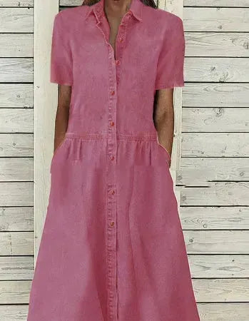 Women's European And American Lapel Casual loose button down Midi Denim jeans Mum Dress - EX-STOCK CANADA
