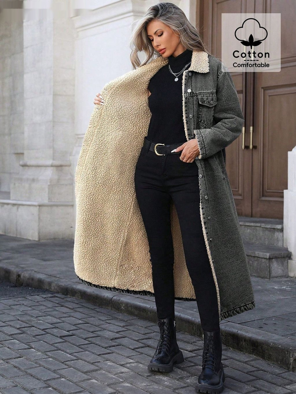 سترة جينز قطنية فضفاضة نسائية طويلة مبطنة بالصوف EX-STOCK Canada
