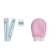 Hair removal product set with two white devices, a pink mitt, and attachments on a white background.