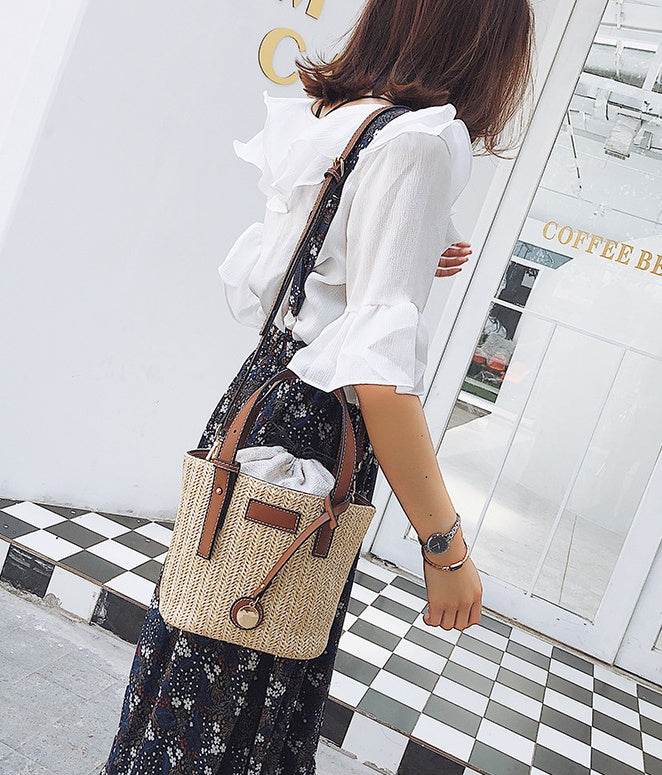 new summer women's bag hand-woven contrast color bucket straw bag cylinder handbag diagonal shoulder beach bag EX-STOCK Canada 