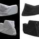 Two pairs of black and gray saddle covers on a black and white background
