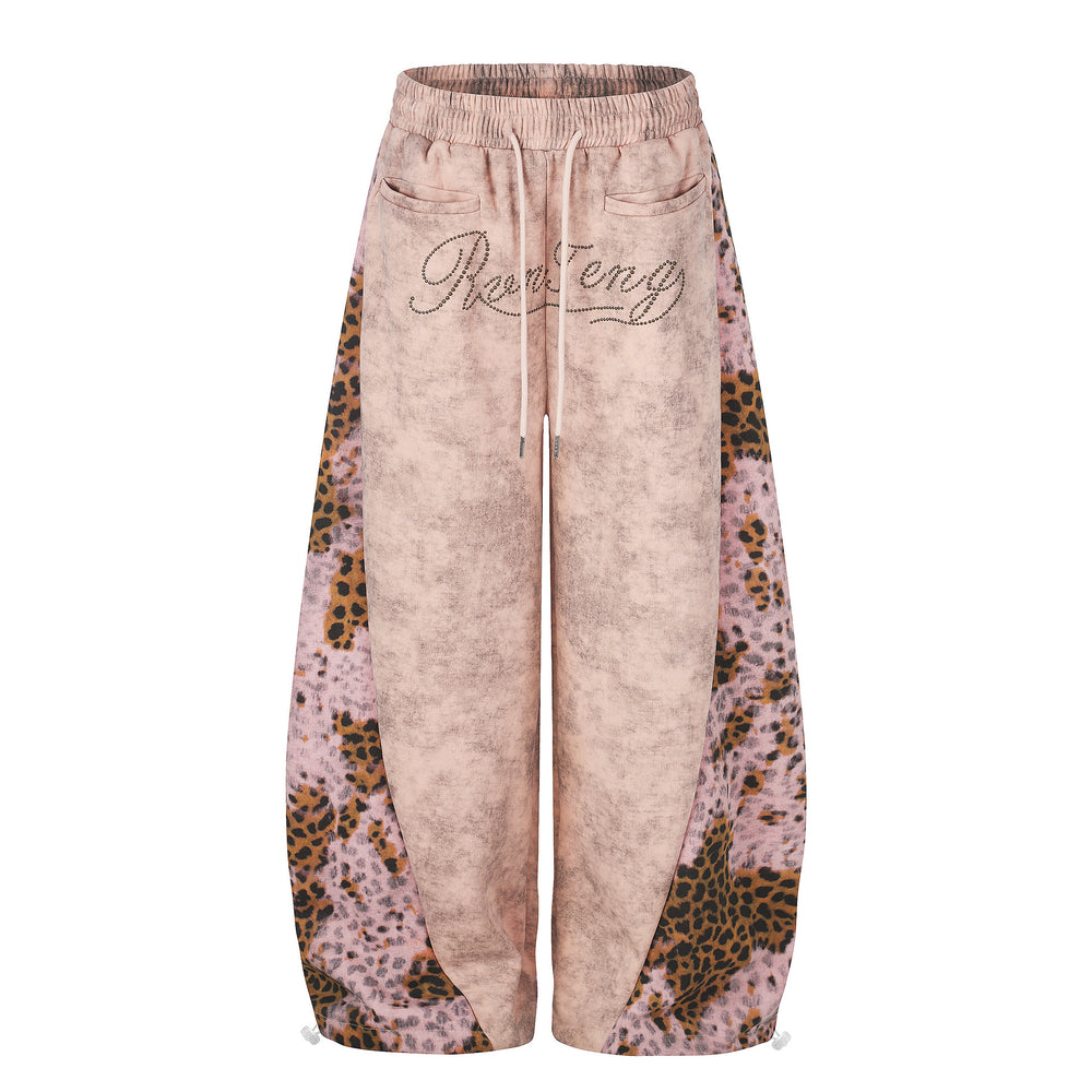 Women's Leopard-Print Patchwork Wide-Leg Sweatpants – Rhinestone Streetwear Joggers |