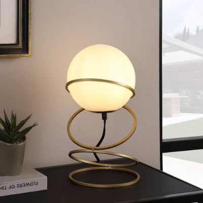 13.5 H Glass Globe Matte Gold Spiral 4 Ring Metal Stand Table Lamp For Living Room, Nightstand Bedside Table Lamp For Bedroom, LED Lamp EX-STOCK