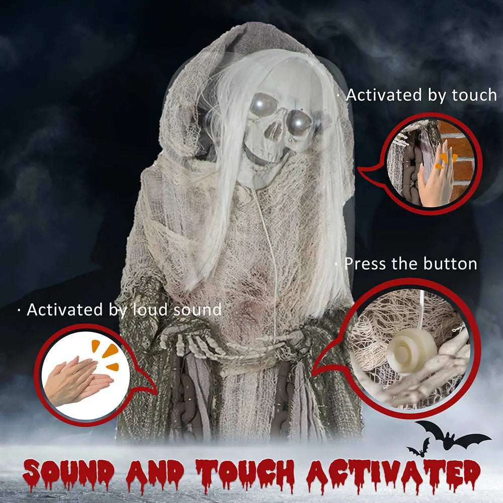 74inch Life Size Outdoor Halloween Decorations Skeleton Witch, Sound And Motion Activated Animated Prop Animatronic Decor With Light Up Eyes, Spooky Sound - EX-STOCK Canada