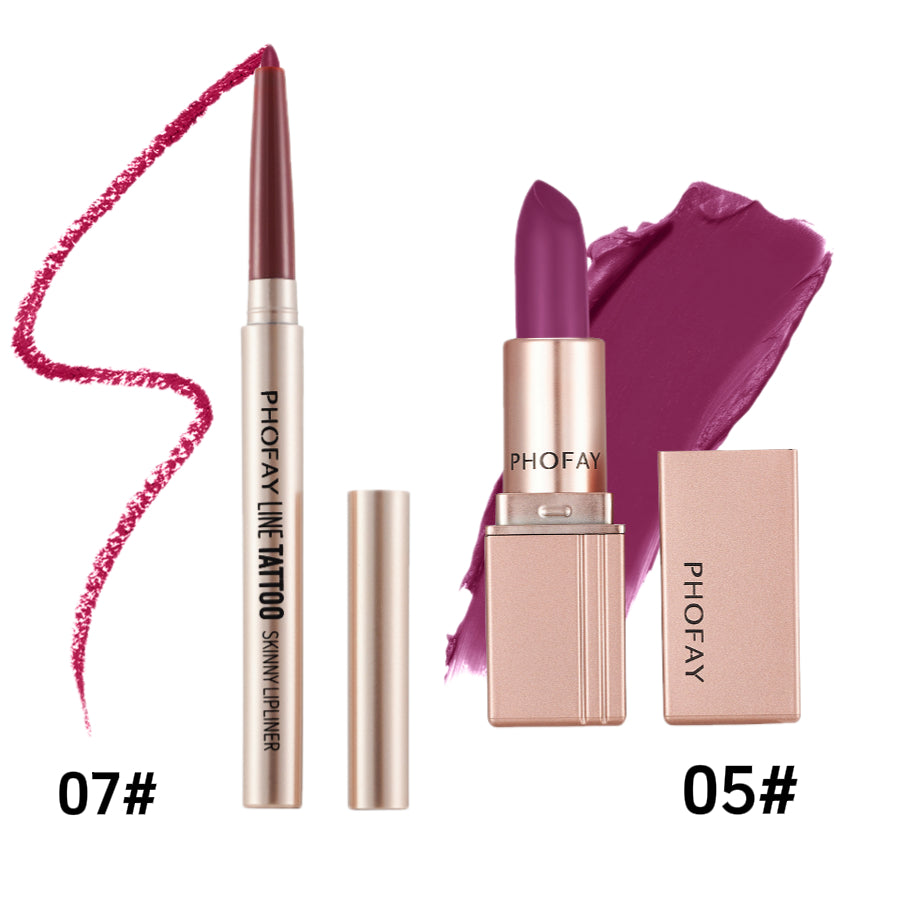 PHOFAY lip products including a lip liner, lipstick, and lip gloss on a white background.