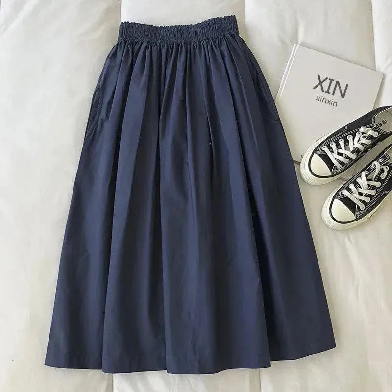 Solid Color Women Workwear Pleated Midi Skirt - EX-STOCK CANADA