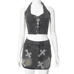 Chic Denim 2 piece Denim Skirt set Jean 2 piece set for Women Sleeveless crop top and Skirt