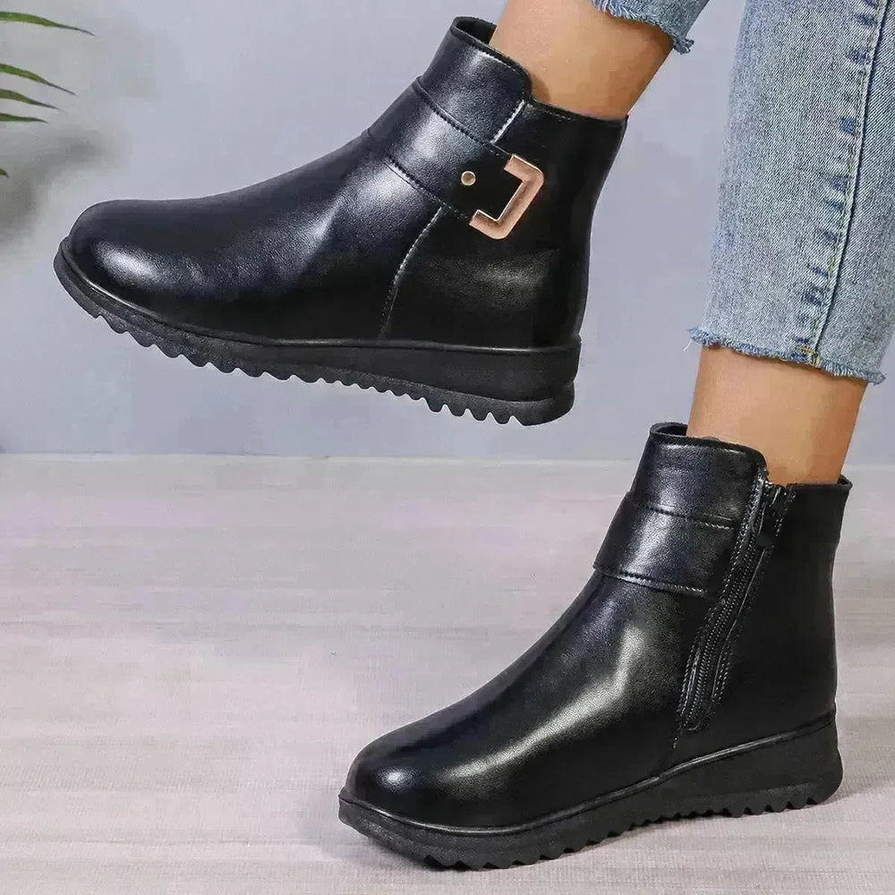 Winter Fleece Boots With Side Zipper Design Fashion Simple Non-slip Ankle Boots For Women Warm Pu Leather Shoes - EX-STOCK CANADA