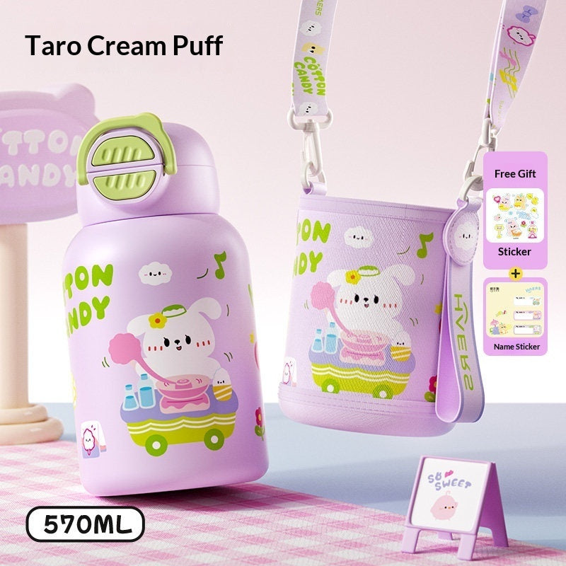 Purple water bottle with cartoon character design on a pink checkered surface