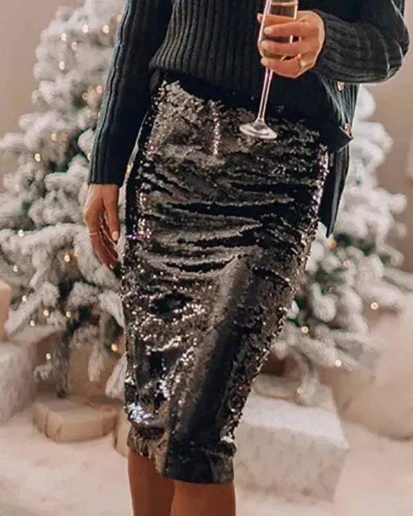 Sequined Glittering Hip A Line Pencil Midi Skirt - EX-STOCK CANADA