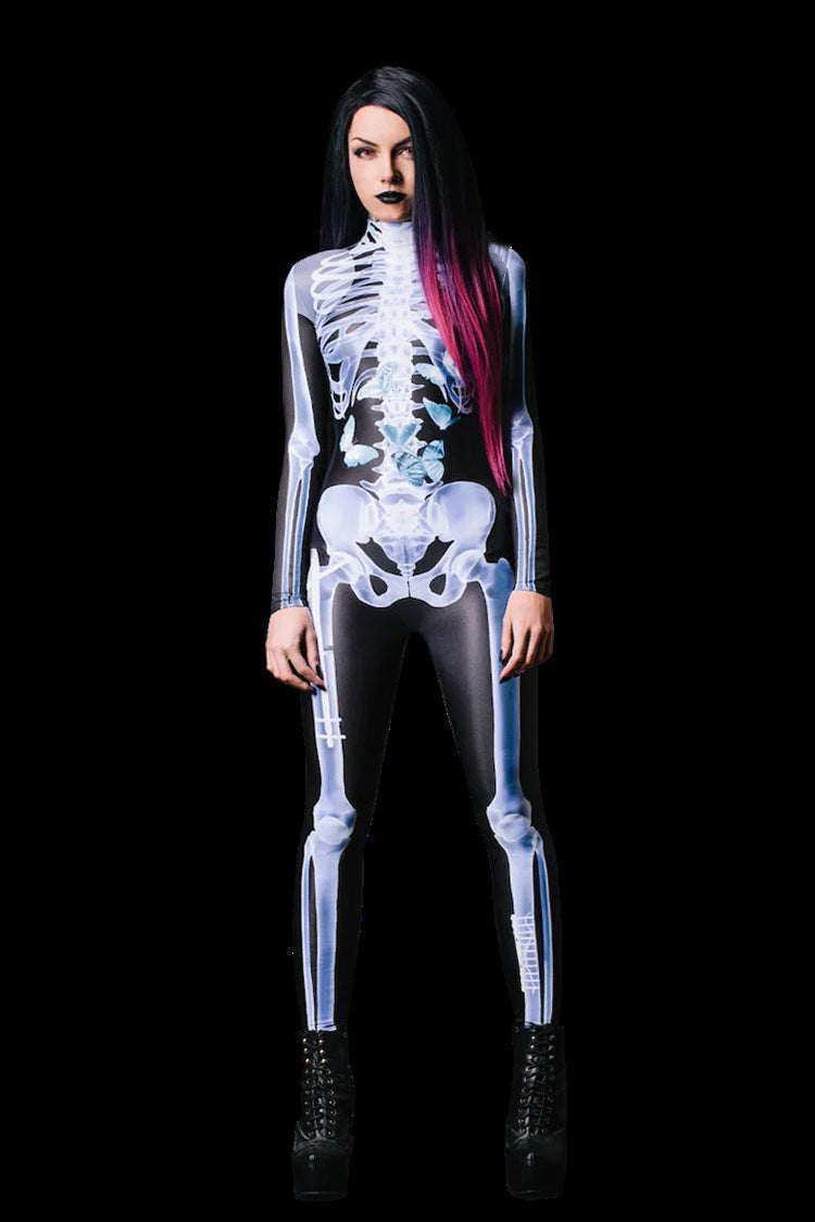 Halloween Long Sleeve Tights See-through Skeleton 3D Printed One-piece EX-STOCK