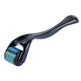 Black derma roller with blue metallic head on a white background
