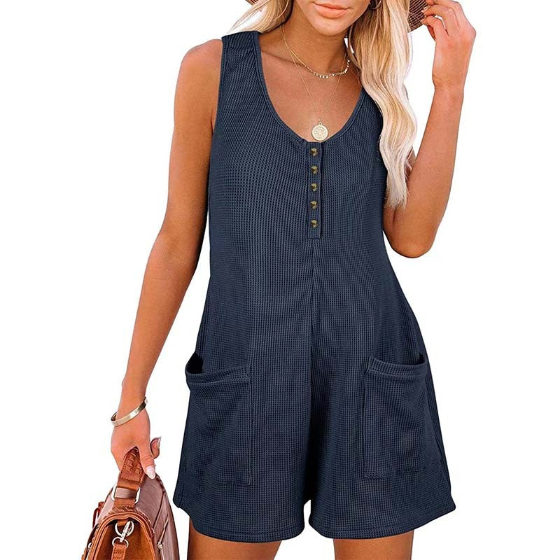 Women's Button Front Romper Jumpsuit With Pockets Casual Solid Color Sleeveless Summer Jumpsuit EX-STOCK