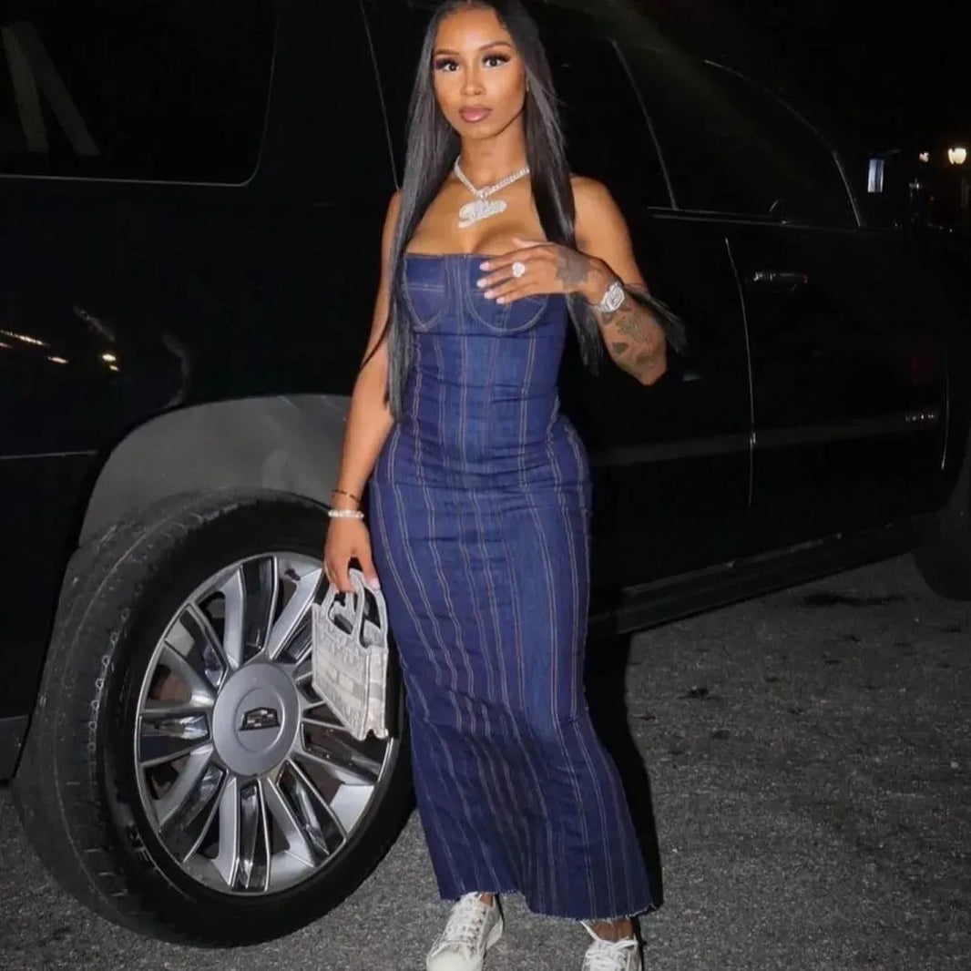 Fashion Strapless Tube Top Denim Long Fitted Jeans Dress