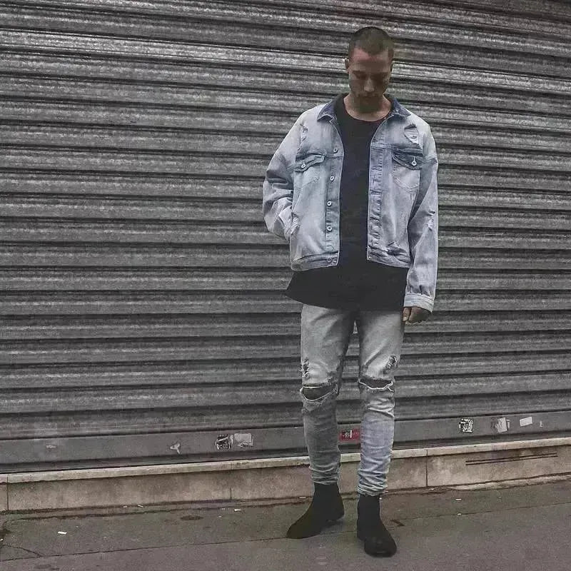 Veste en denim en coton bleu clair décontracté pour hommes