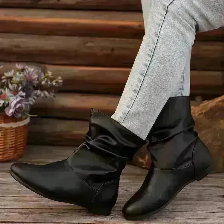 Fashion Round-toed Flat Boots Versatile Simple Slip-on Western Cowboy Boot Casual Short Shoes For Women - EX-STOCK CANADA