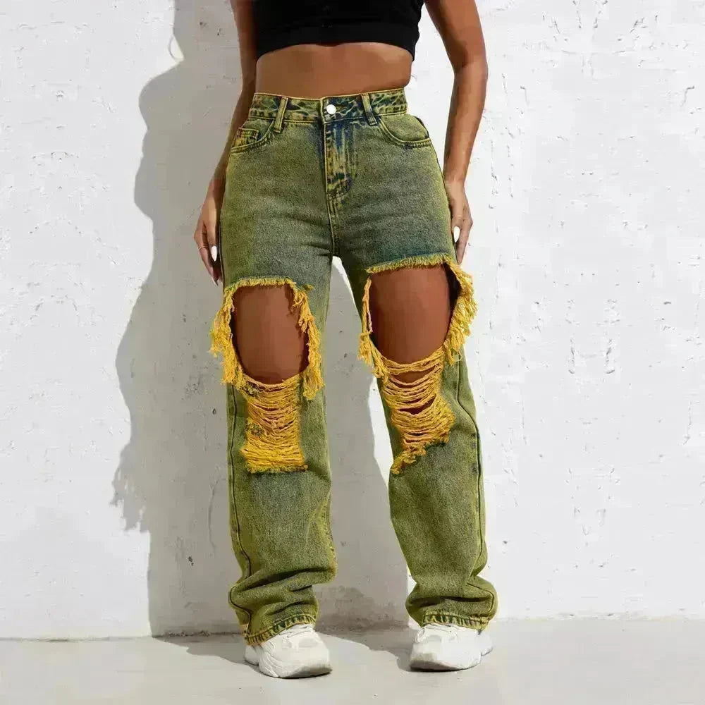 Shascullfites Melody Yellow Wash Streetwear Split Loose Straight Ripped Baggy Jeans Y2K Retro Women Denim Pants - EX-STOCK CANADA