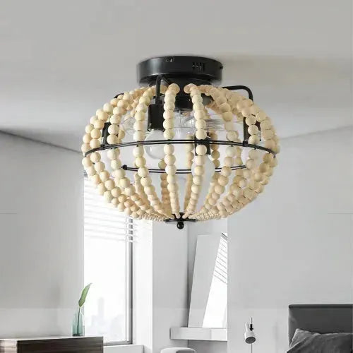 Beaded Fan Lamp Wooden Beaded Chandelier Oak White - EX-STOCK CANADA