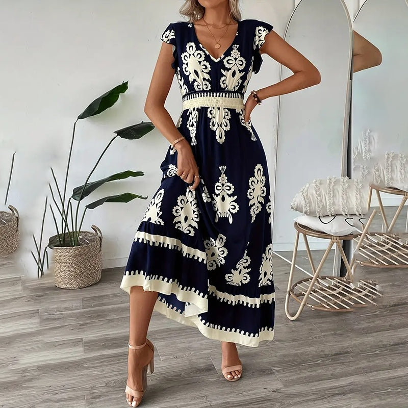 Women's Summer Flowy Maxi Dress Casual Cap Sleeve V Neck Smocked Waist Beach Sundress EX-STOCK