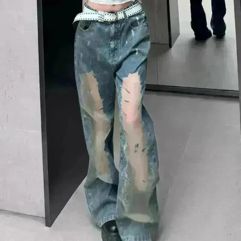 Retro Washed Ripped Baggy Jeans Pant For Women Summer Hollow Out - EX-STOCK CANADA