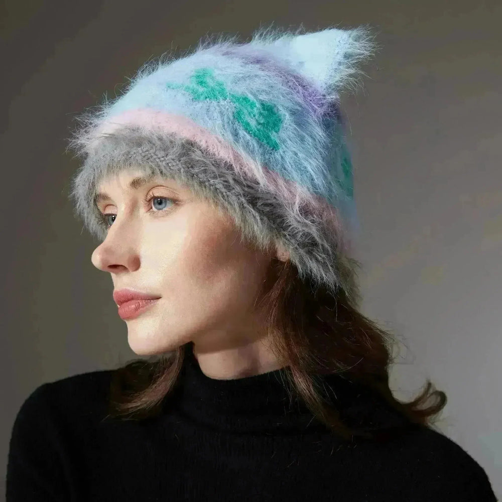 Cute Cat Ears Knitted Hat Earflaps Slipover Woolen Cap Beanies - EX-STOCK CANADA
