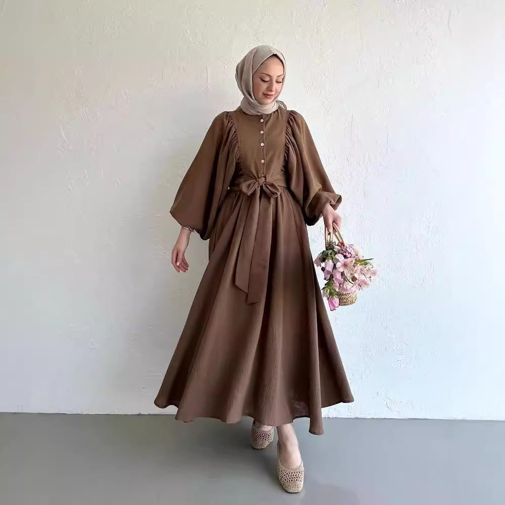 Muslim Fashion Suit Bishop Sleeves Top Swing Mid-length Dress Set - EX-STOCK Canada