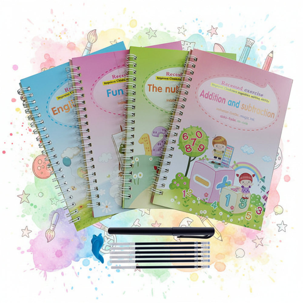 Set of colorful educational notebooks with a pen on a white background